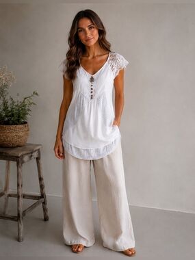 Elisa Cavaletti White Lace Tunic Top XL EU Lagenlook Boho Stripe Hem Embellished